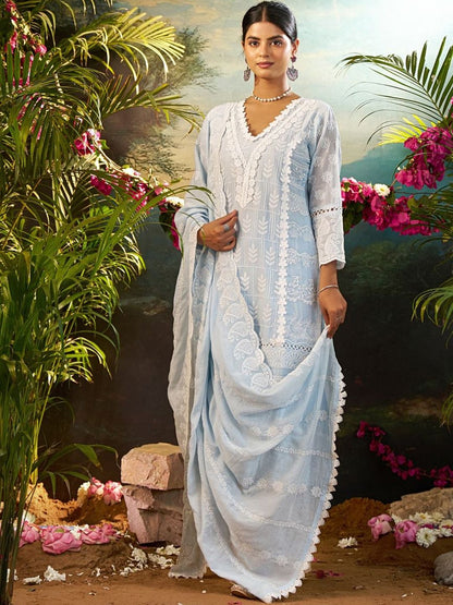 Women Ethnic Motifs Embroidered Regular Thread Work Pure Cotton Kurta with Trousers & With Dupatta