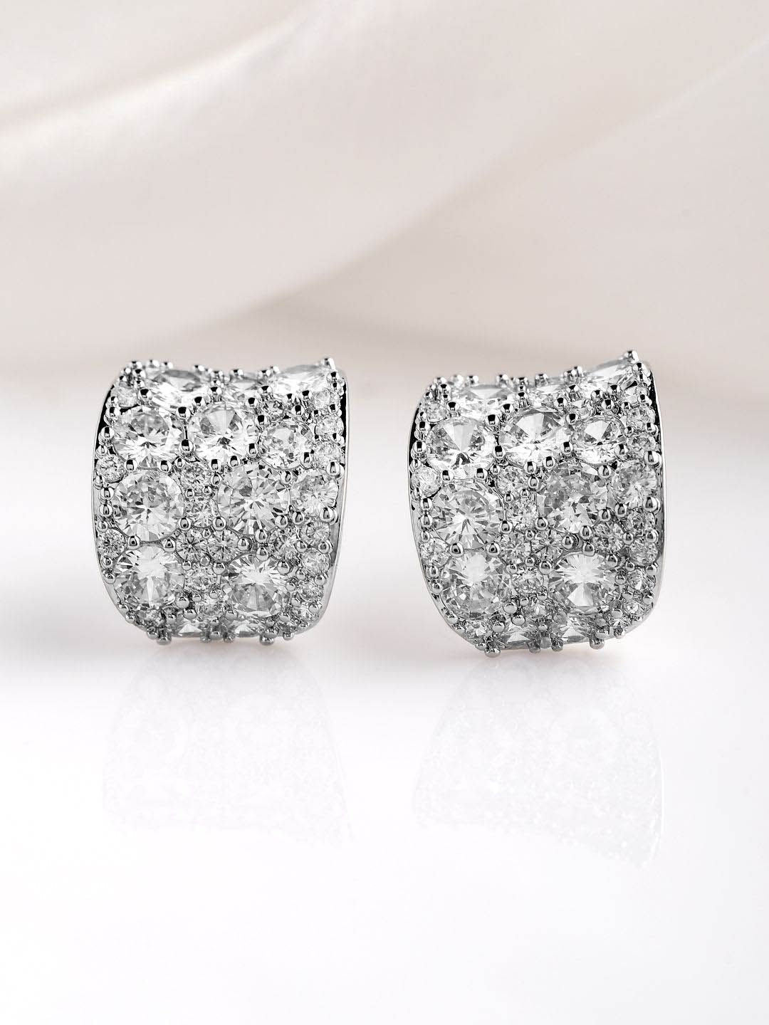 Dhiyona RJ Women's Rhodium Plated Sparkling AD & Cubic Zirconia Studded Luxurious Hoop Earrings