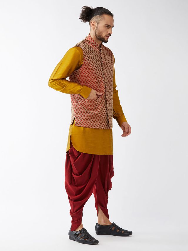 Men's Mustard Silk Blend Straight Jacket  Kurta and Dhoti Set