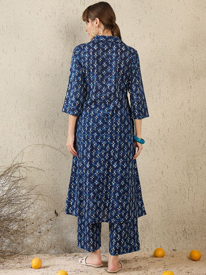 Geometric Printed Shirt Collar A-Line Pure Cotton Kurta With Palazzos