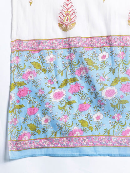 Dhiyona IE Floral Printed Mirror Work Pure Cotton Kurta With Trousers & Dupatta