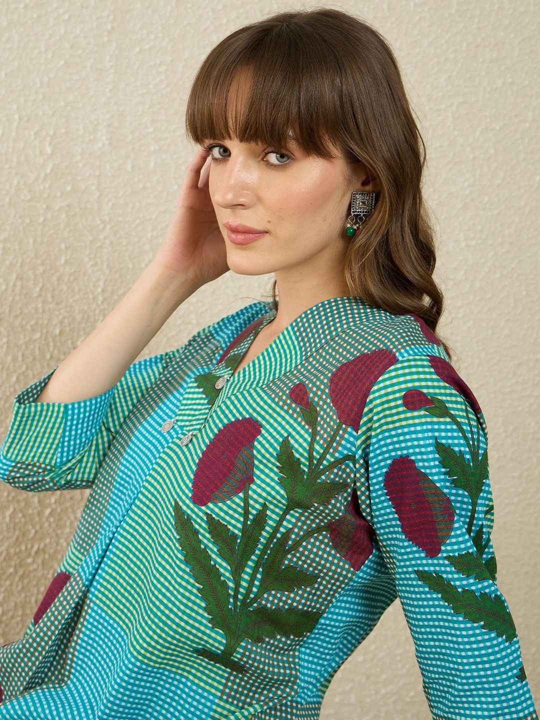 Dhiyona IE Printed V-Neck Three-Quarter Sleeves Pure Cotton Tunic And Trousers