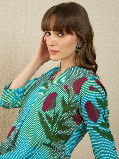 Dhiyona IE Printed V-Neck Three-Quarter Sleeves Pure Cotton Tunic And Trousers