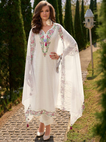 Women Floral Embroidered Regular Thread Work Pure Cotton Kurta with Trousers & With Dupatta