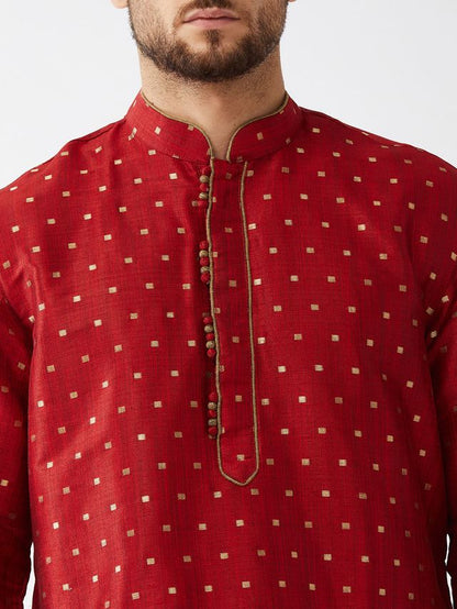 Men's Maroon Silk Blend Straight Kurta and Dhoti Set