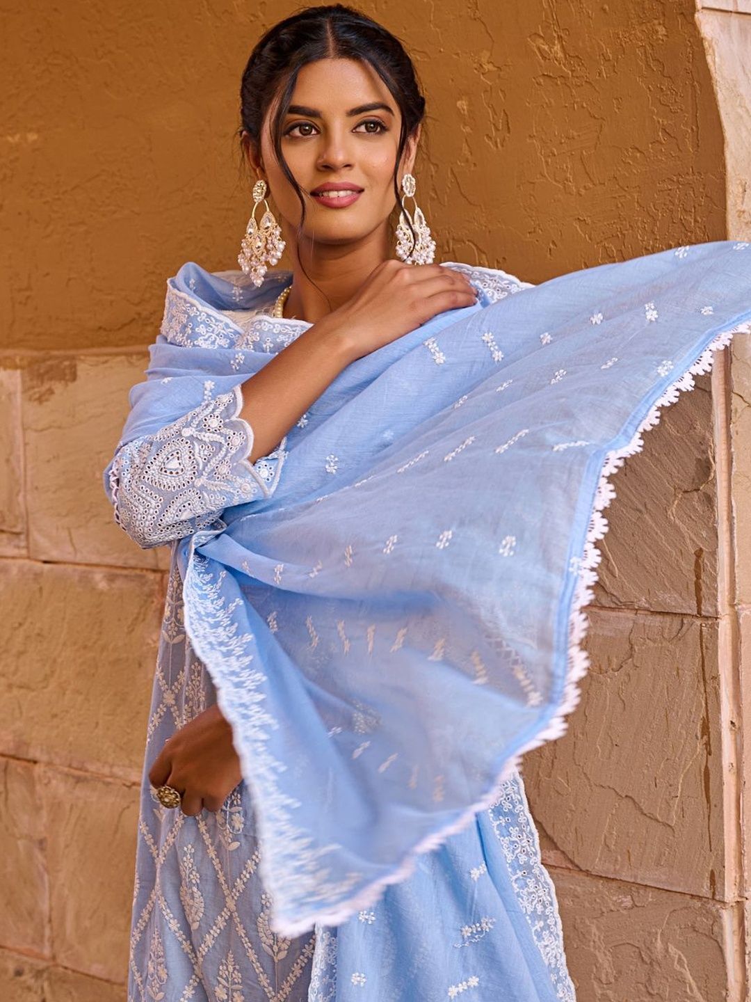 Women Ethnic Motifs Embroidered Regular Chikankari Pure Cotton Kurta with Trousers & With Dupatta