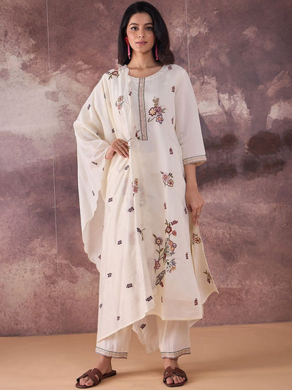 Floral Embroidered Thread Work Straight Kurta With Trousers & Dupatta