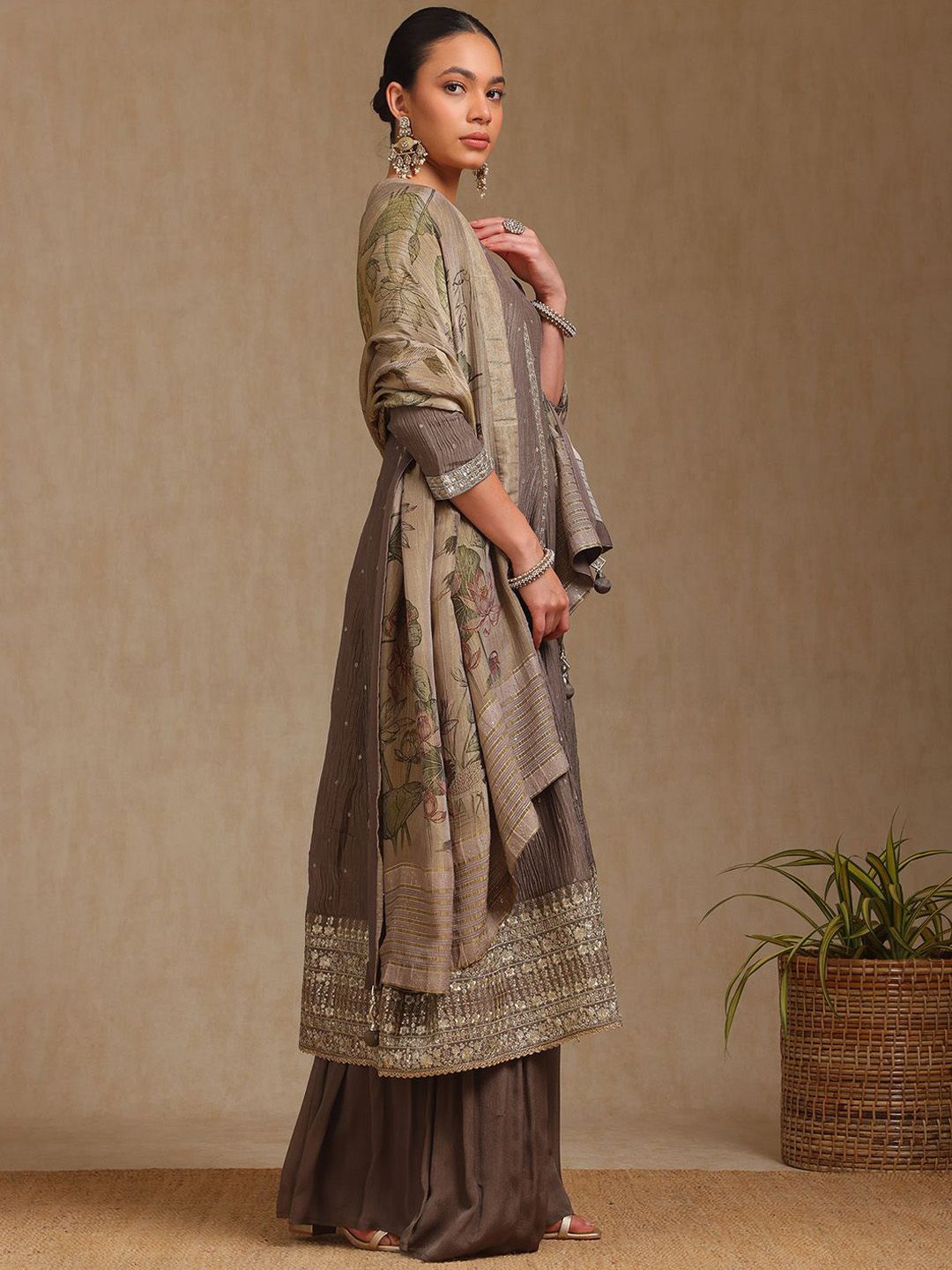 Dhiyona SO Women's Women Alina Cut Regular Sequinned Kurta with Palazzos & With Dupatta
