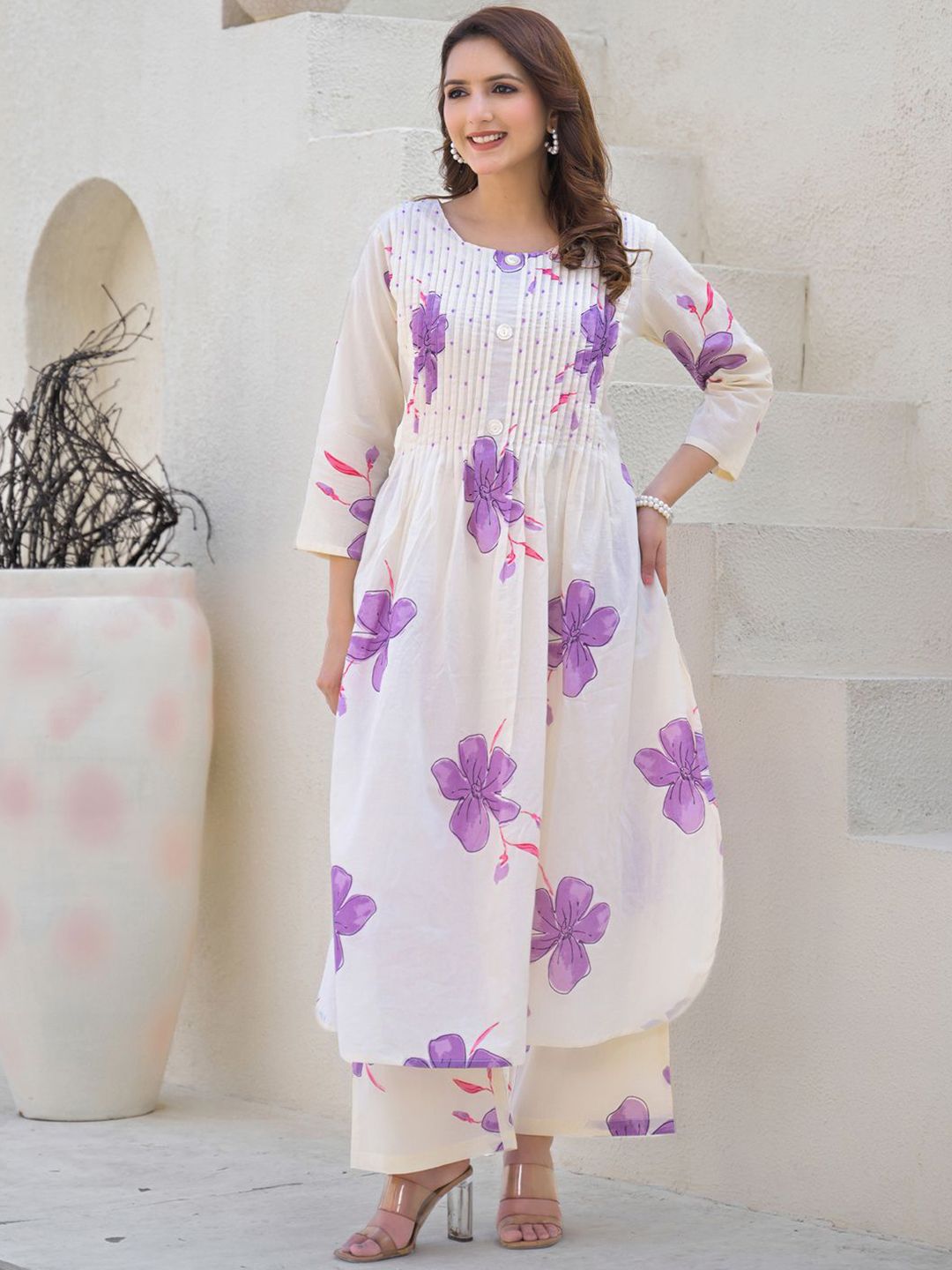 Dhiyona IE Floral Printed Round Neck Pure Cotton Tunic With Palazzo