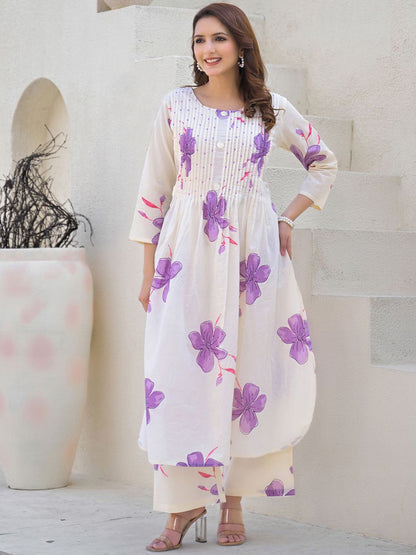 Dhiyona IE Floral Printed Round Neck Pure Cotton Tunic With Palazzo