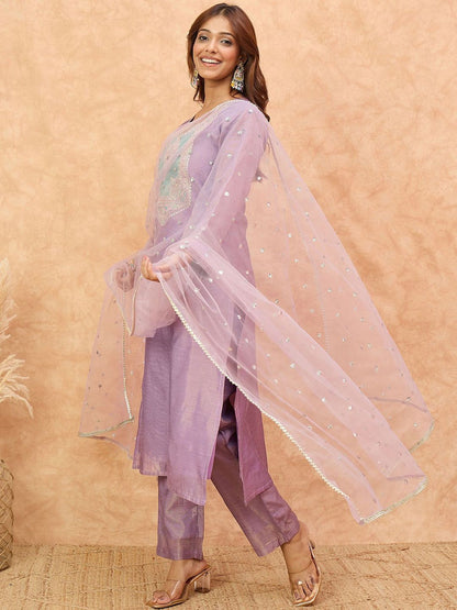 Dhiyona VA Women's Ethnic Motifs Yoke Design Zari Kurta with Trousers & Dupatta