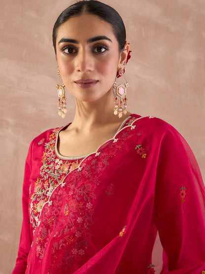 Floral Embroidered Straight Thread Work Kurta With Trousers & With Dupatta