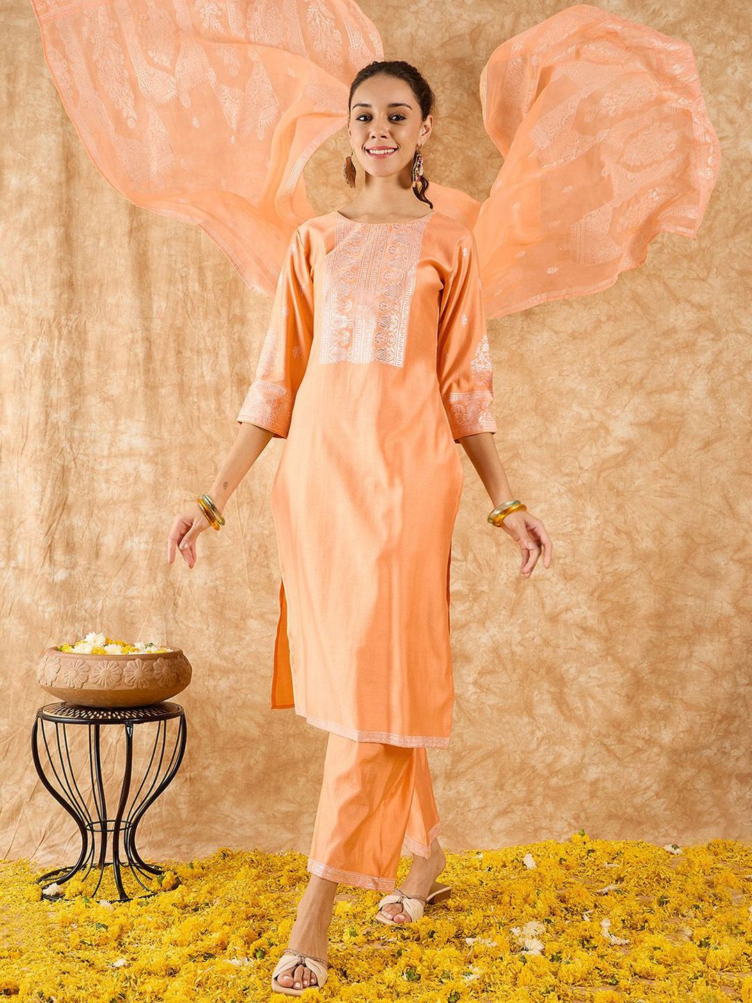 Ethnic Motifs Printed Straight Liva Kurta with Trousers & Dupatta