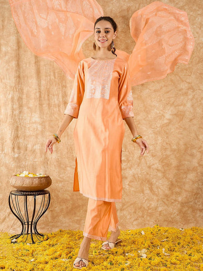 Ethnic Motifs Printed Straight Liva Kurta with Trousers & Dupatta