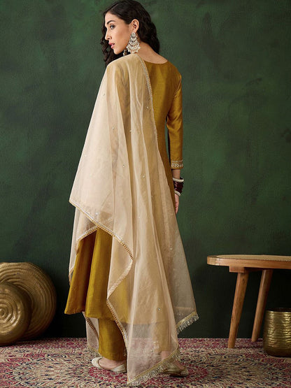 Dhiyona SN Women's Mustard Yellow Floral Embroidered Zari A-line Kurta With Trousers & Dupatta