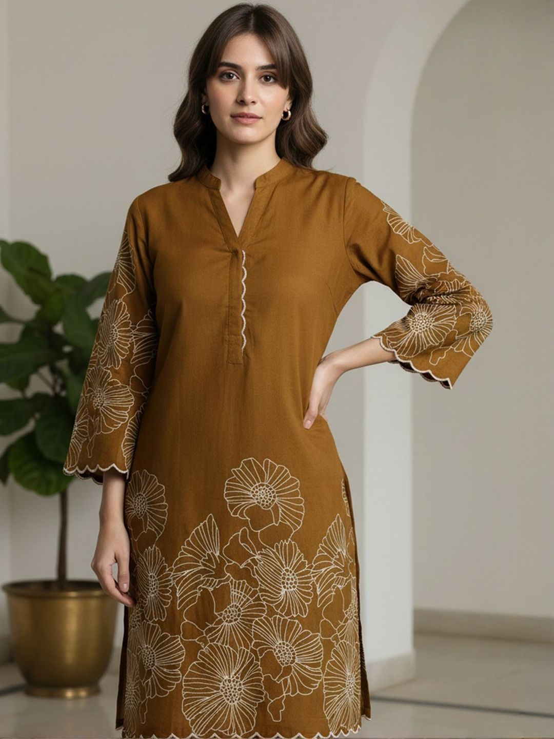 Floral Embroidered Regular Thread Work Pure Cotton Kurta With Trousers