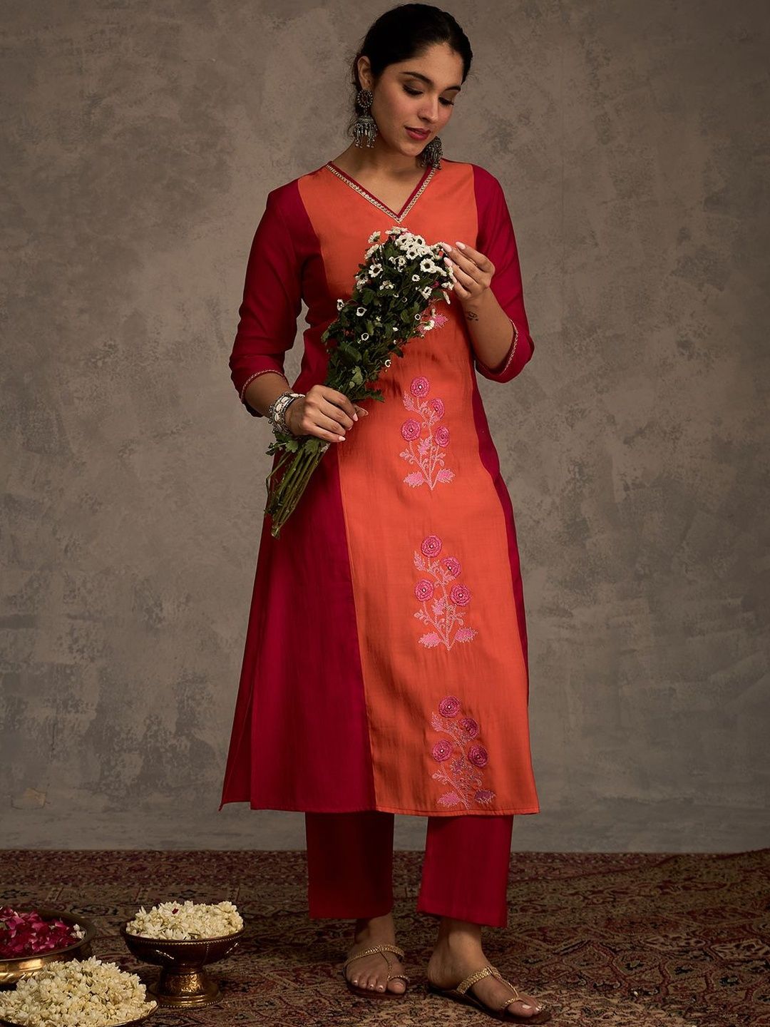 Women Floral Embroidered Anarkali Kurta with Trousers