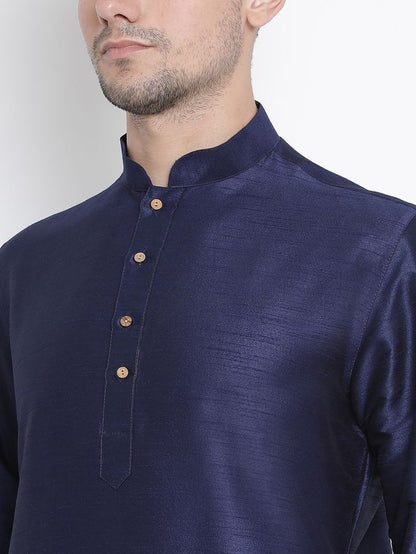 Men's Dark Blue Silk Blend Straight Kurta Pyjama Set