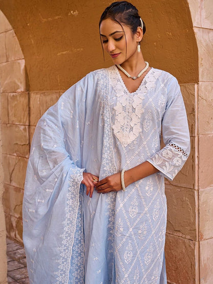 Women Ethnic Motifs Embroidered Cotton Kurta with Trousers & Dupatta