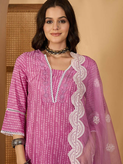 Dhiyona SN Women's Abstract Printed & Embroidered V-Neck A-Line Kurta With Trousers And Dupatta