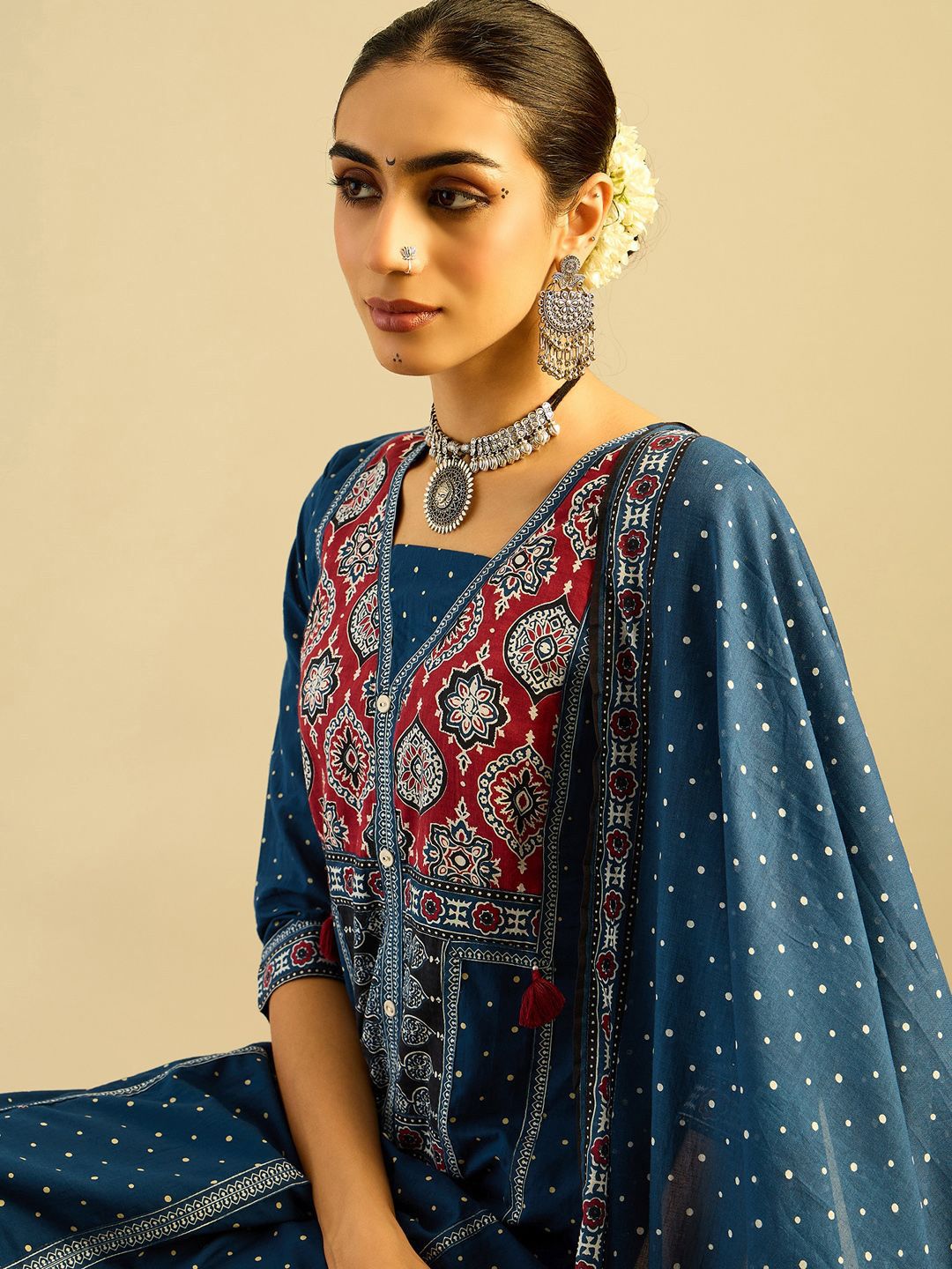 Dhiyona IE Ethnic Motifs Printed Pure Cotton Straight Kurta With Trousers & Dupatta