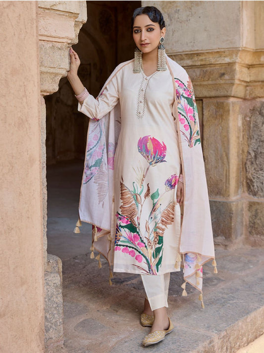Dhiyona WP Women Floral Printed Linen Kurta with Trousers & Dupatta