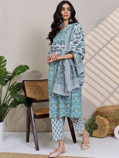 Ethnic Motifs Printed Thread Work Pure Cotton Kurta With Trousers &