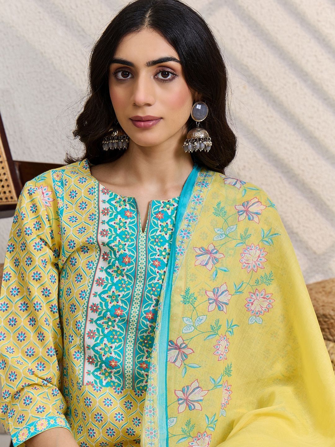 Floral Printed Notch Neck Pure Cotton Straight Kurta & Trousers With Dupatta