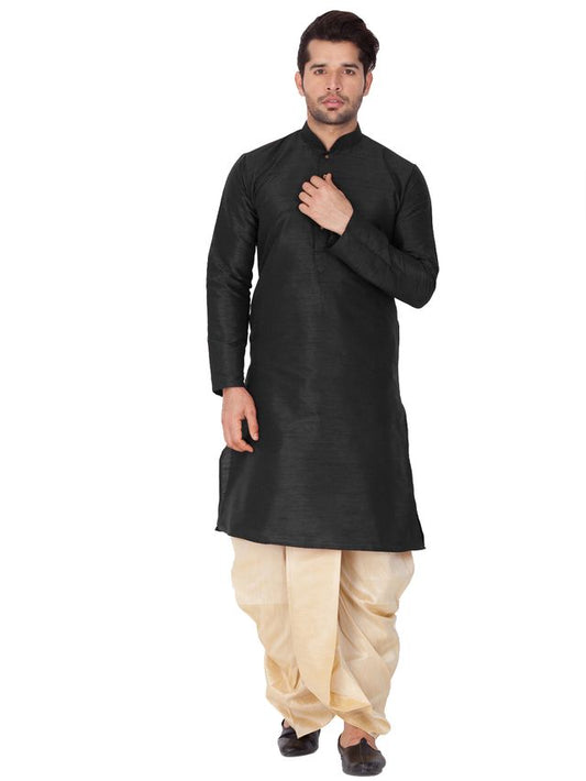 Men's Black Silk Blend Straight Kurta and Dhoti Set