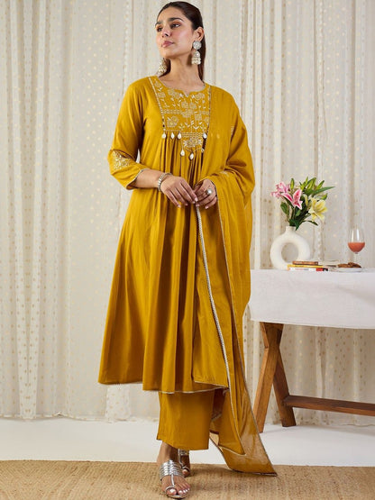 Ethnic Motifs Embroidered Thread Work Pure Cotton Kurta With Trousers & Dupatta