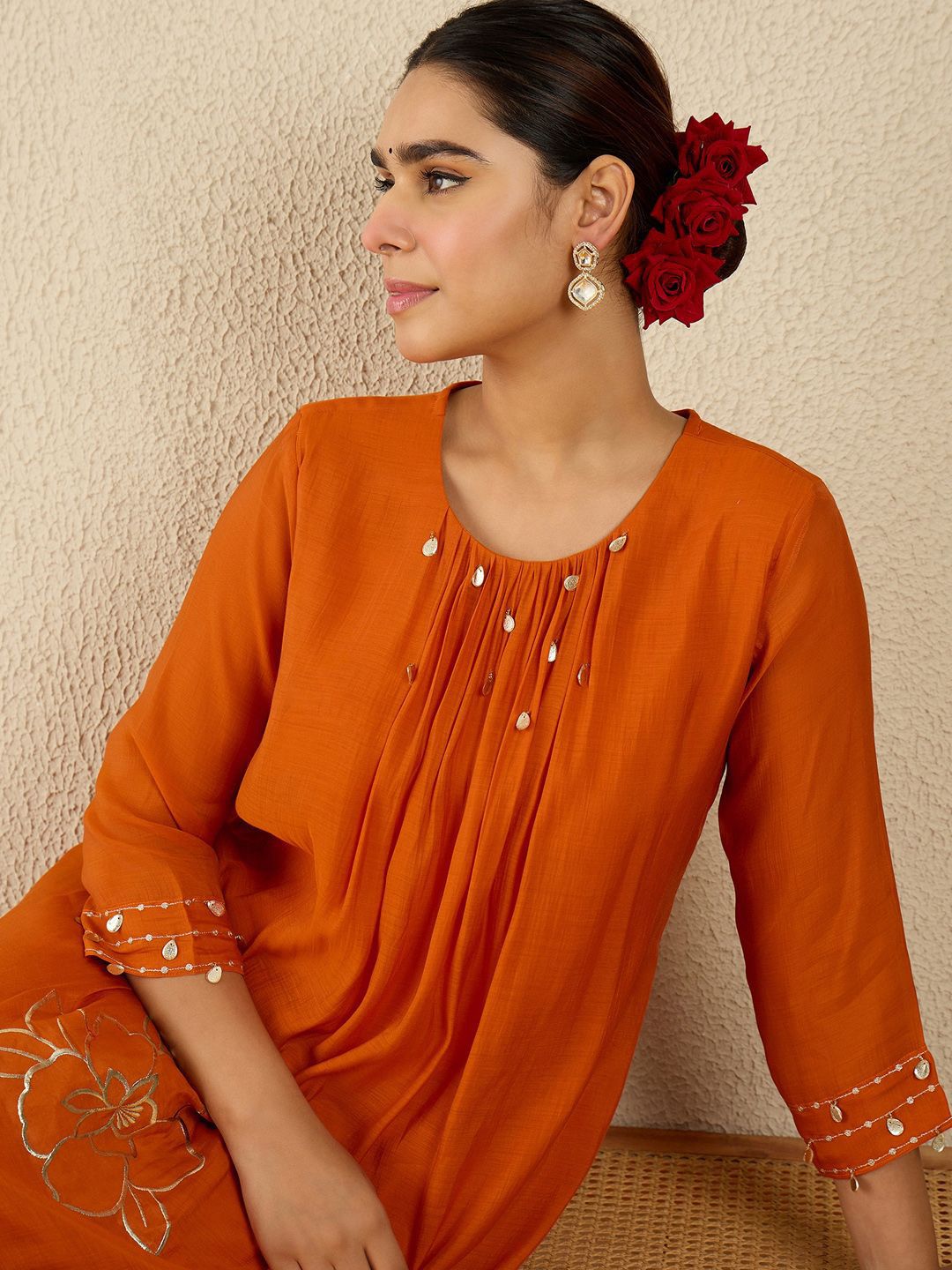 Women Floral Embroidered Regular Gotta Patti Kurta with Trousers