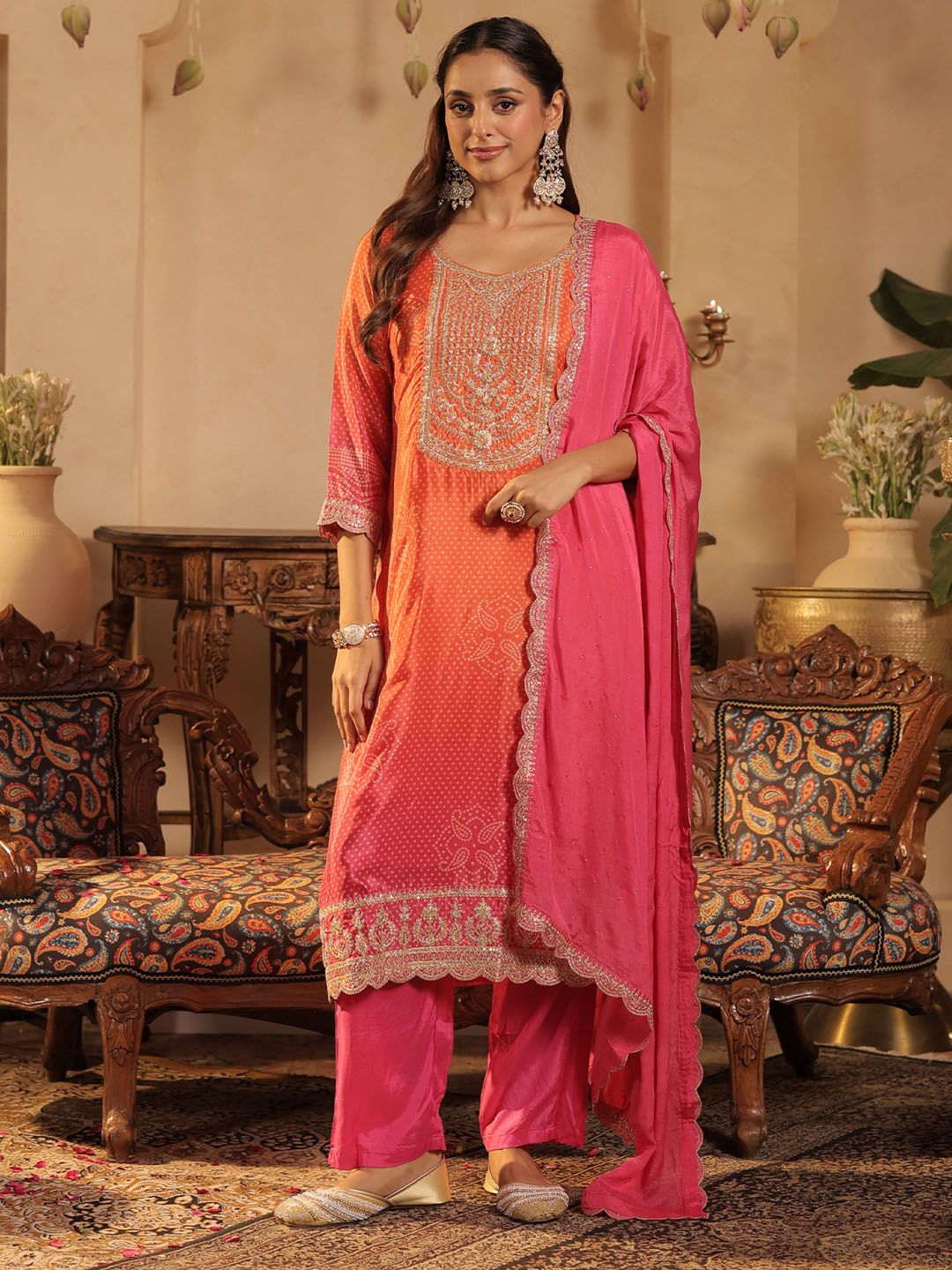 Dhiyona IE Bandhani Printed Straight Sequinned Kurta With Trousers & Dupatta