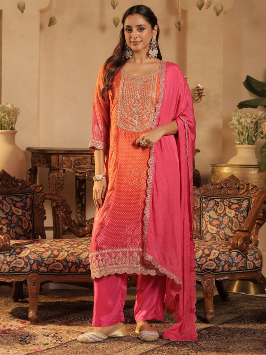 Bandhani Printed Straight Sequinned Kurta With Trousers & Dupatta