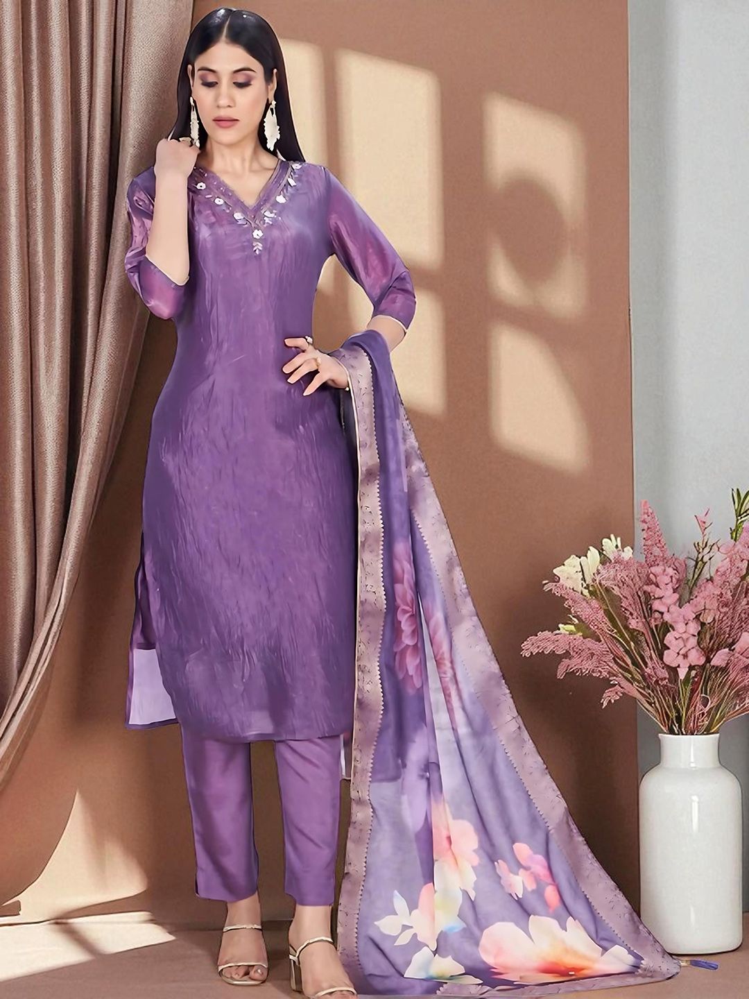 Dhiyona SN Women's Floral Solid Kurta with Churidar & Dupatta
