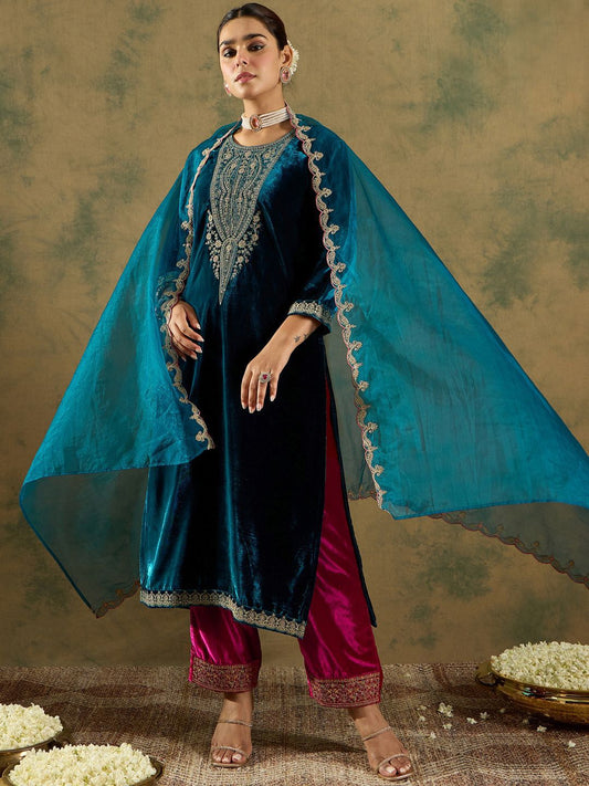 Ethnic Motifs Embroidered Regular Velvet Straight Kurta with Trousers & Dupatta