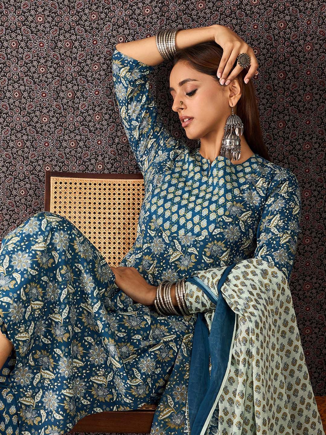 Dhiyona IE Floral Printed Pure Cotton Straight Kurta Trousers With Dupatta