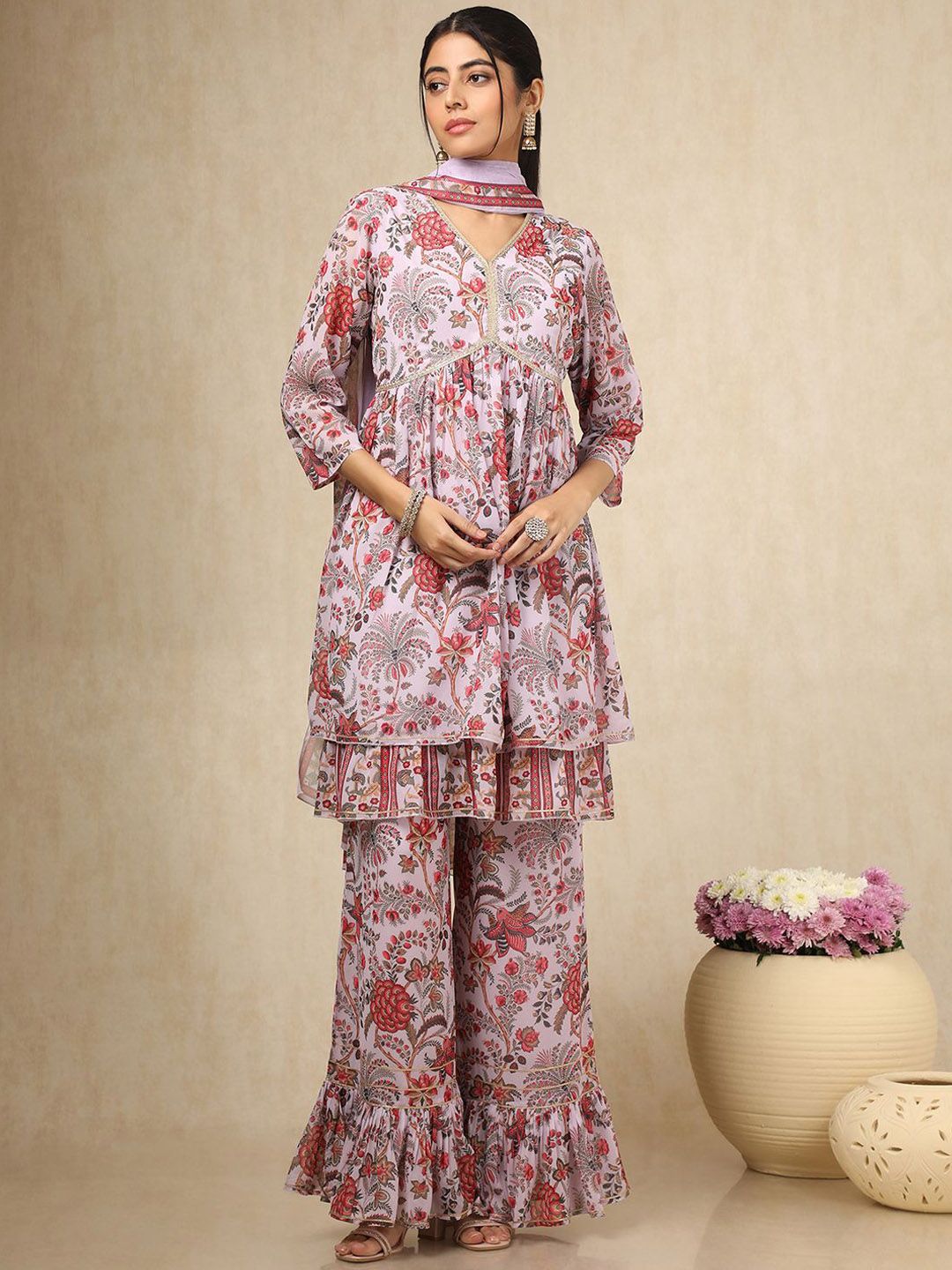 Dhiyona SO Women's Floral Printed V-Neck Empire Thread Work Georgette Kurta With Palazzo & Dupatta