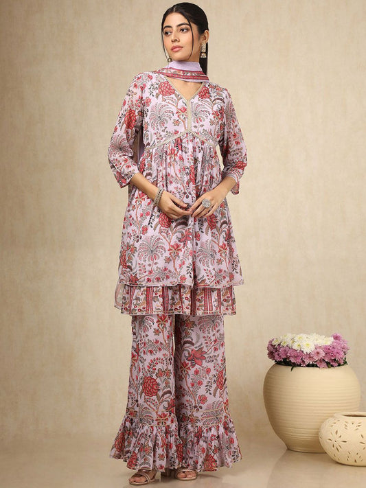Dhiyona SO Women's Floral Printed V-Neck Empire Thread Work Georgette Kurta With Palazzo & Dupatta