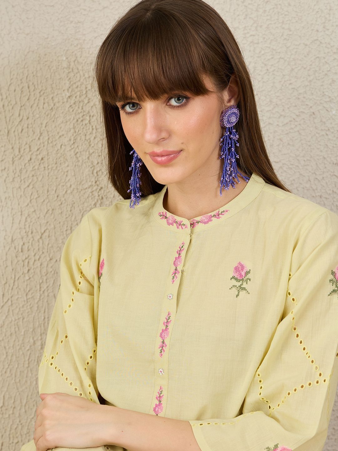 Women Floral Embroidered Regular Beads and Stones Pure Cotton Kurta with Trousers
