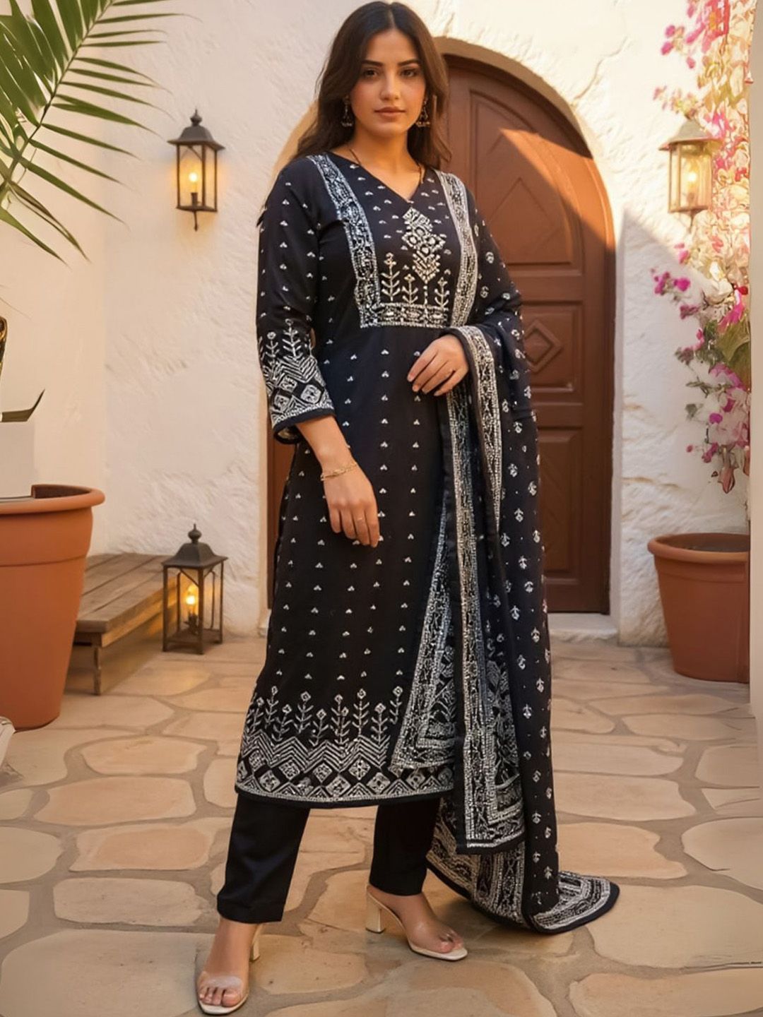 Floral Printed V-Neck Pure Cotton Straight Kurta With Trousers & Dupatta