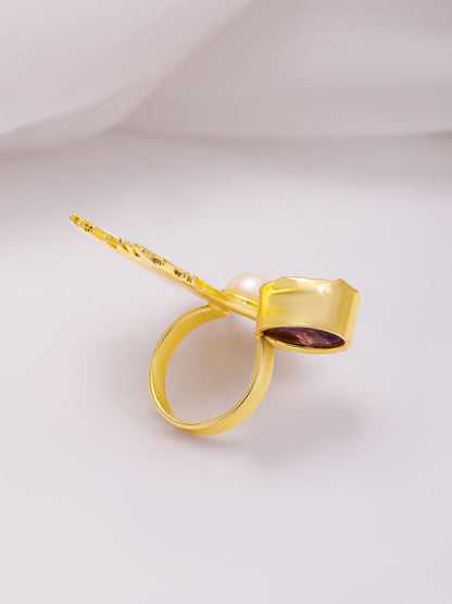Dhiyona RJ Women's 18K Gold-Plated Abstract Sunburst Design Pearl & Amethyst Adjustable Finger Ring