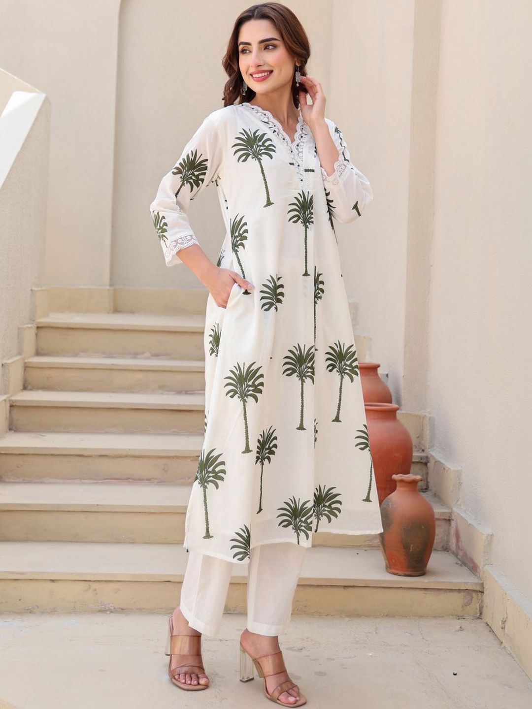 Women Ethnic Motifs Printed Regular Thread Work Pure Cotton Kurta with Trousers