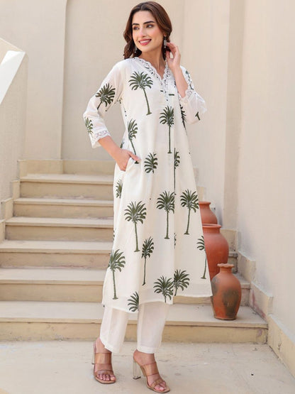 Women Ethnic Motifs Printed Regular Thread Work Pure Cotton Kurta with Trousers