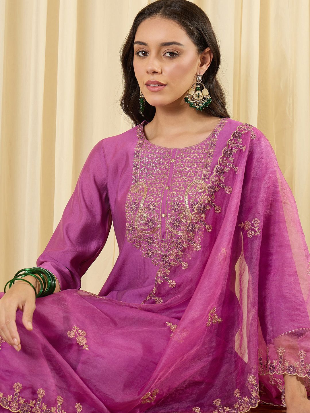 Women Ethnic Motifs Embroidered Regular Thread Work Kurta with Trousers & With Dupatta