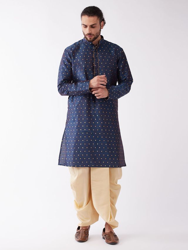 Men's Blue Silk Blend Straight Kurta and Dhoti Set