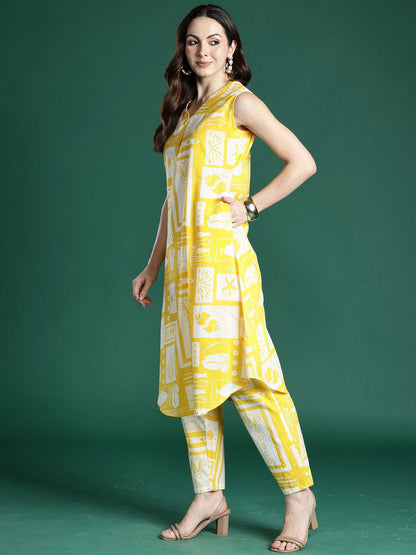 Dhiyona IE Printed Pure Cotton V-Neck Tunic With Trousers Co-Ords