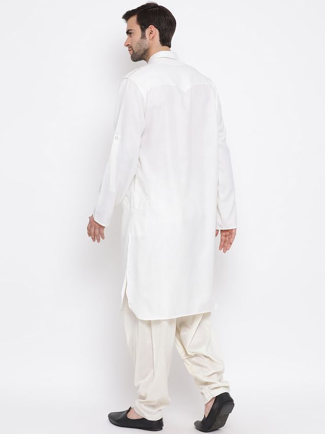 Men's Cream Cotton Blend Pathani Pathani Kurta Set