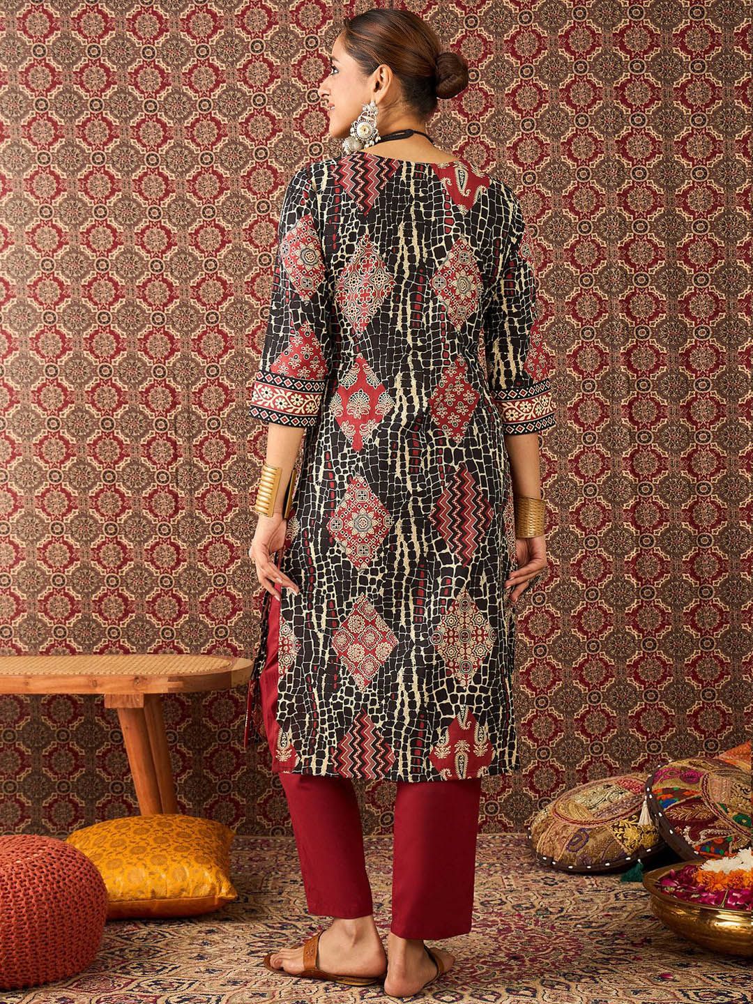 Women Ethnic Motif Printed Pure Cotton Straight Kurta Trousers Set