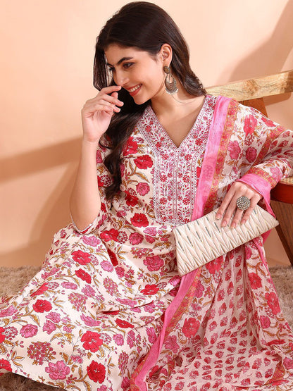 Dhiyona OD  Floral Printed Pure Cotton Straight Kurta with Trousers & Dupatta