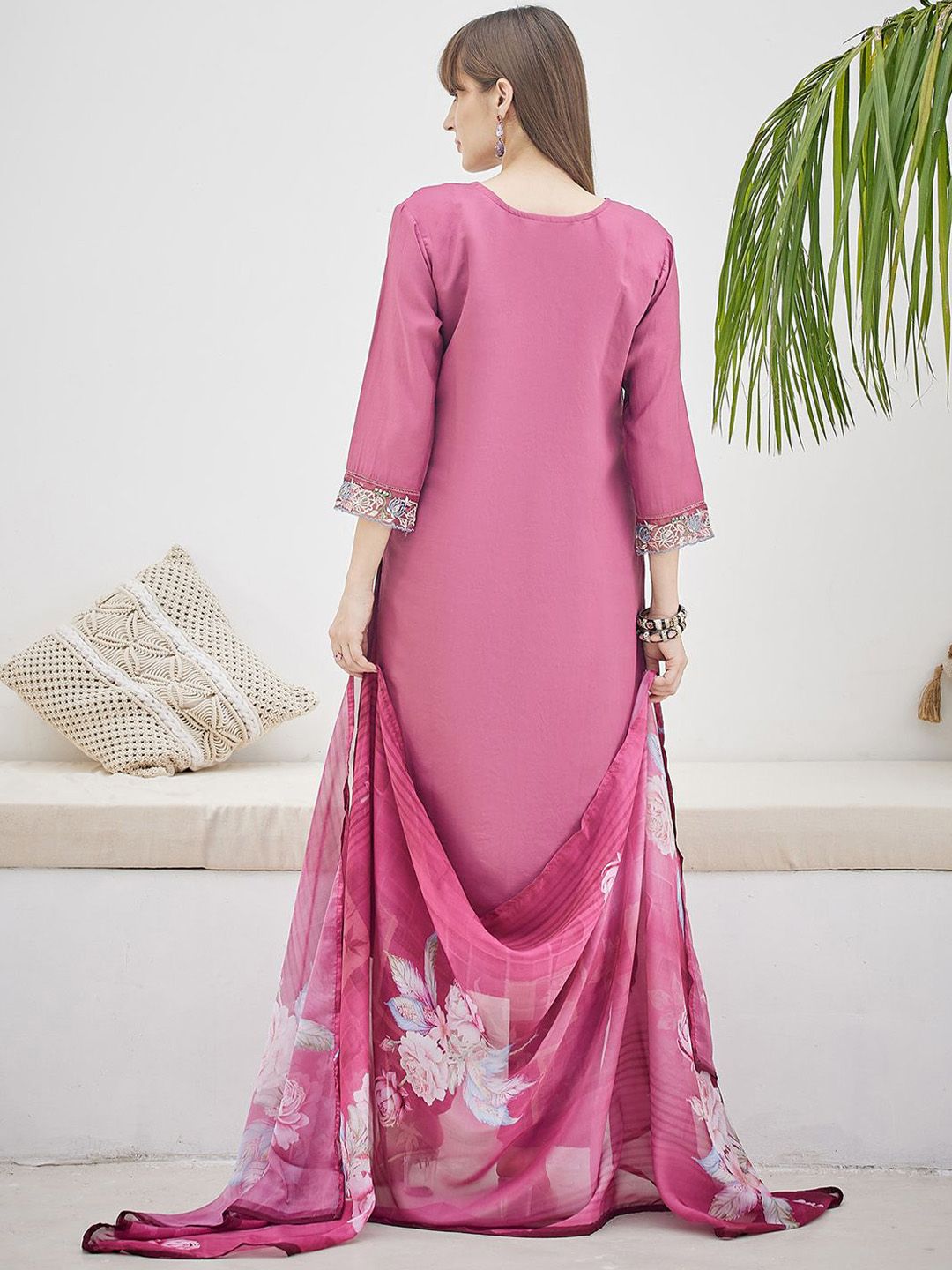Floral Embroidered Thread Work Kurta With Trousers & Dupatta